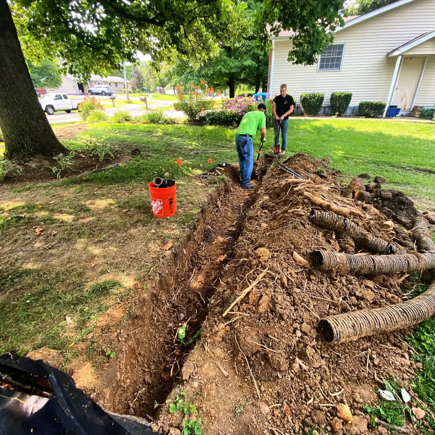 Drainage work underway in a residential yard