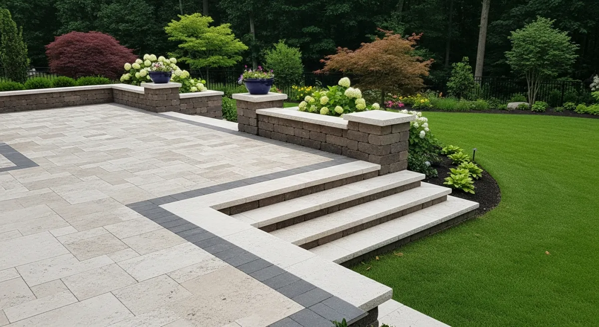 Paver patio with stone walls and planting